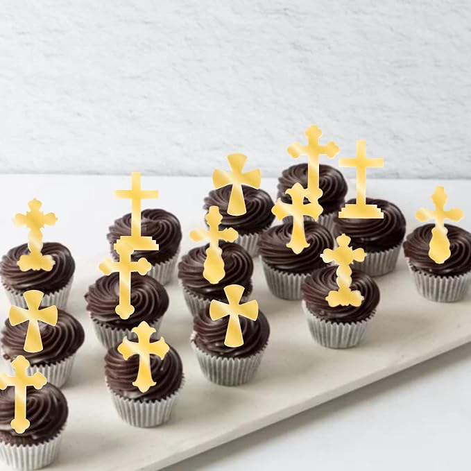 60 PCS Edible Cross Cupcake Toppers Wafer Paper God Bless Cupcake Toppers Edible Baptism Cross Cupcake Picks for Religious Theme Baby Shower Birthday Party Cake Decorations Supplies Retro Gold