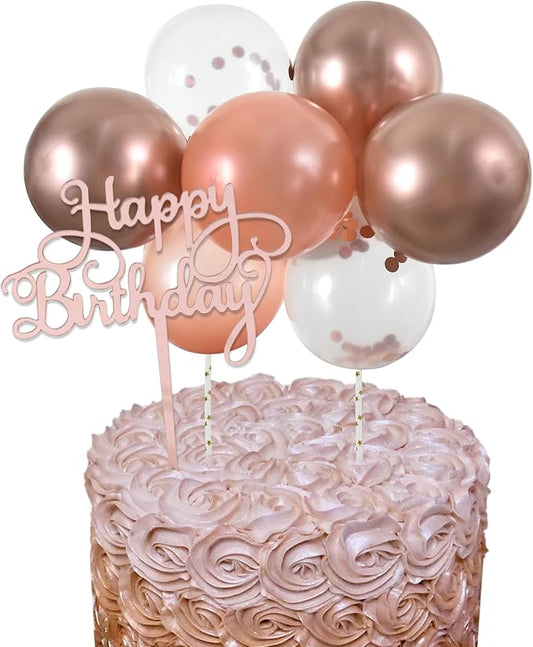 BEISHIDA Happy Birthday Cupcake Toppers - Rose Gold Mini Balloon Cloud Birthday Cake Decorations for Wedding Anniversary Baby Shower Supplies