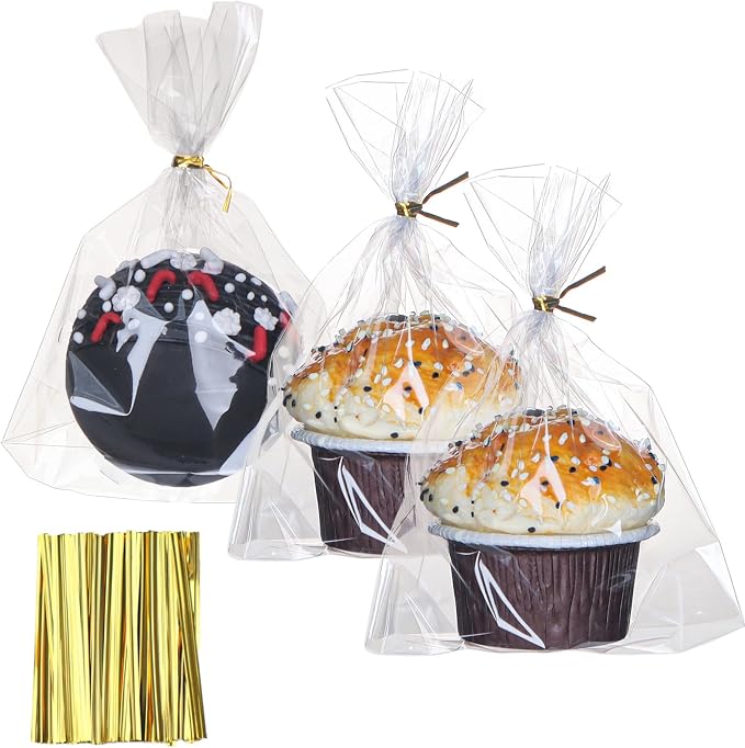 200 PCS 5x6.5 Cellophane Muffin Bags with Gold Twist Ties & Flat Bottom – Food-Safe Bakery Packaging for Cupcakes, Brownies, Cookies Macarons – Commercial-Grade for Party Favors, Catering Displays