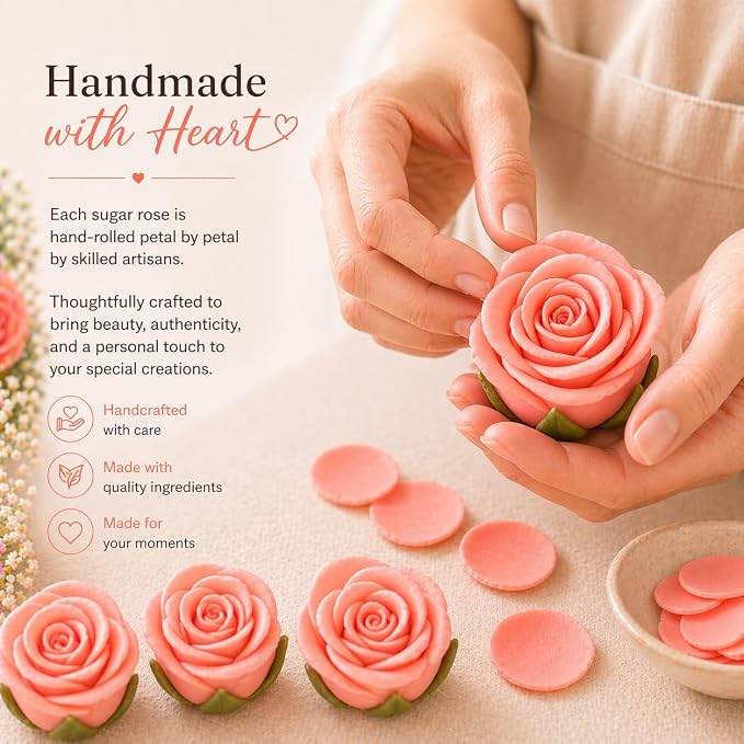 Confect Edible Rose Topper – Salmon Pink Roses for Cake, Cupcake & Doughnut Decoration – Pack of 12 Edible Floral Toppers- Vegan, Gluten-Free, Nut-Free, Soy-Free, Dairy-Free, Palm Oil-Free