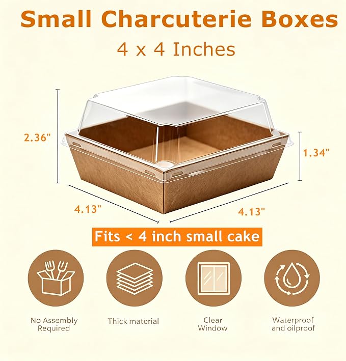 100 Pack Charcuterie Boxes with Clear Lids 4x4 Inch, Disposable Kraft Square Dessert Boxes, Bakery Snack Containers for Cookie, Cake Slice, Donut, Sandwich, Sushi, Party, Wedding, Valentine