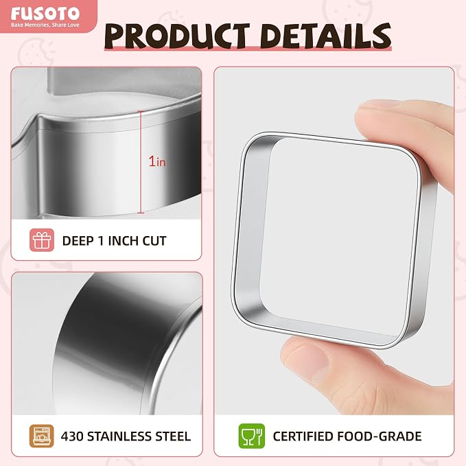 FUSOTO 6PCS Square Cookie Cutters Set, Stainless Steel Kitchen Baking Supplies, for Biscuit, Homemade Cookies, Cake Decorating, Geometric Cookie Cutter, (1.5", 2", 2.5", 3", 3.5", 4"), Square