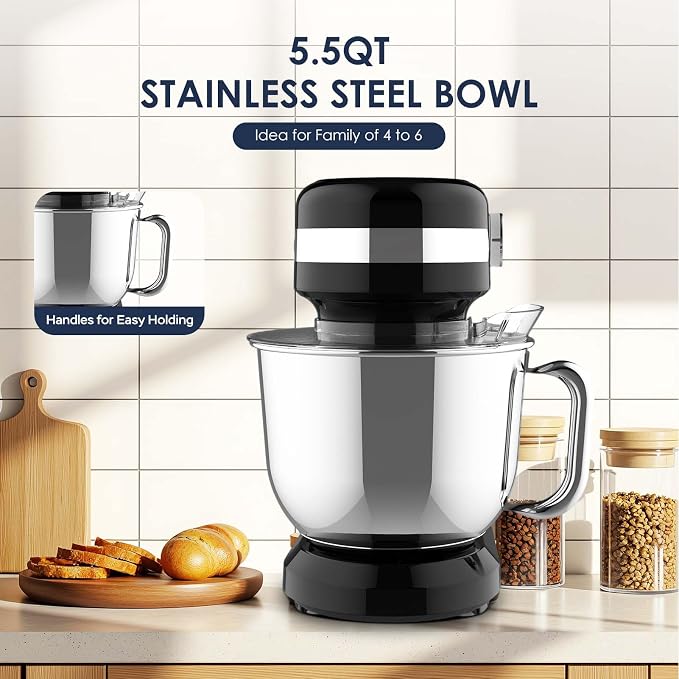 HRVEOCEI 5.5QT Kitchen In The Box Stand Mixer For Baking, Electric Spiral Mixer With Dough Hook, Wire Whip & Beater,350W 12-Speed Tilt-Head Food Mixer, Grey (Black)