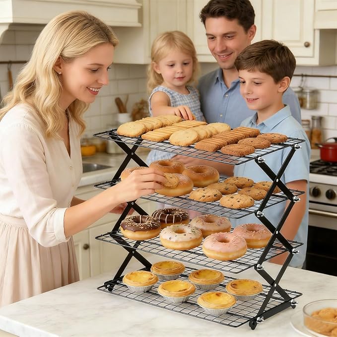 OTYMIOW Collapsible Cooling Rack with Adjustable 3 Setting Design Adjustable ＆ Stackable Baking Rack, X-Shaped Structure Cooling Rack for Cooking and Baking, Picnic Party (4 Tier)