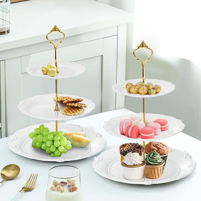 Fasmov 3 Pack Plastic Cupcake Stand, 3 Tier Cupcake Stand Dessert Plates Cake Fruit Candy Display Tower Reusable Pastry Platter for Wedding Birthday Baby Shower Tea Party Decorations - White
