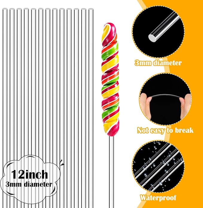 Zopeal 200 Pcs Acrylic Lollipop Sticks Clear Cake Pops Rods Cake Topper Candy Cupcake Treat Stick for Wedding Chocolate Cookie Dessert Handmade DIY Crafts Party Decor Gardening(12 x 0.16 Inches,Clear)