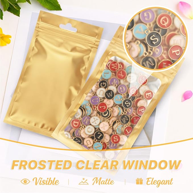 ANZNKU 100 PCS Resealable Mylar Bags with Frosted Clear Window Packaging Bags Foil Pouch Zipper Bag for Food Self Sealing Storage Supplies (6.29x9.44, Light Gold)