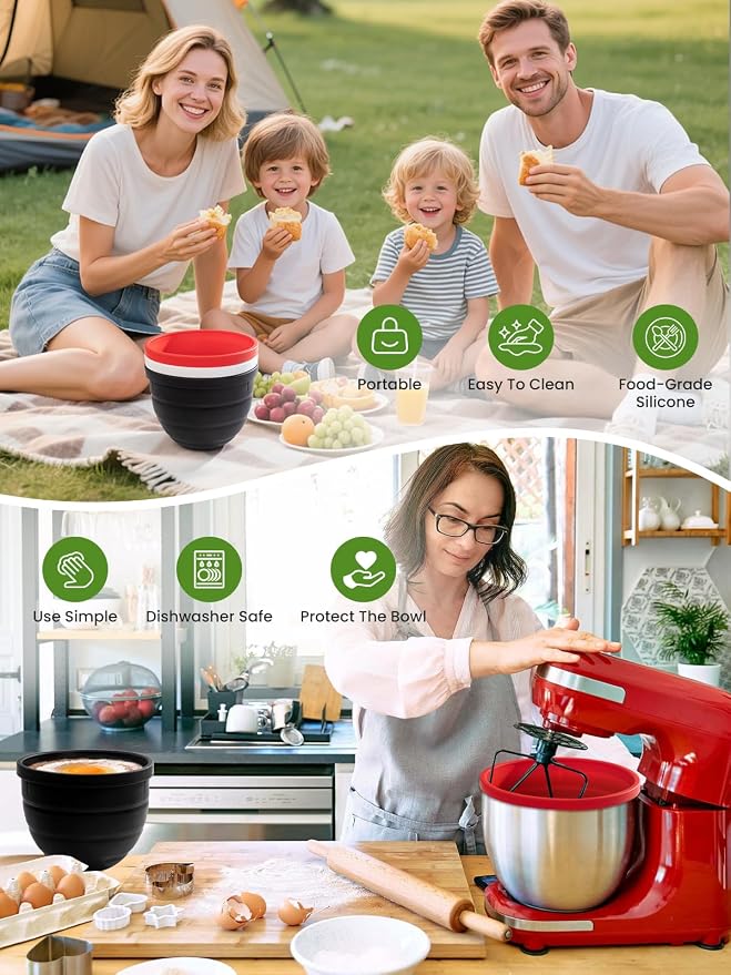 Silicone Bowl Liner for KitchenAid Tilt-Head 5QT Mixers - 3 Liners & 3 Lids Included, Non-Stick Anti-Scratch, Noise Reduction with Lids, Foldable Dishwasher Microwave Safe