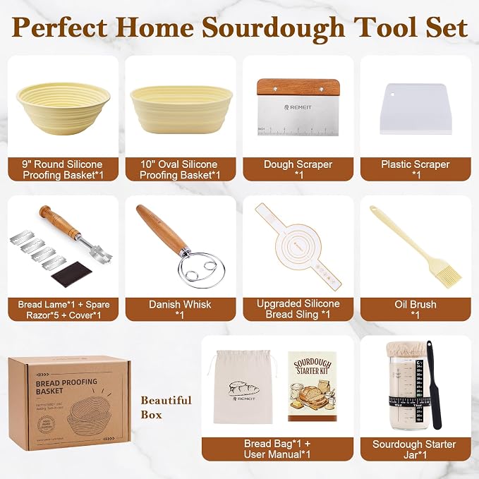 Complete Sourdough Starter Kit 9"Round & 10" Oval Silicone Banneton Bread Proofing Baskets, Sourdough Bread Baking Supplies with 34oz Fermentation Jar, Bread Lame, Scraper, Danish Whisk