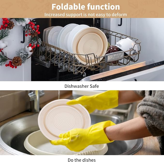 2Pcs Silicone Banneton Bread Proofing Baskets, 10" Oval & 9" Round Foldable Non-Stick Dough Proofing Bowl Containers-BPA Free, Optimum Sourdough Bread Baking Supplies(Beige)