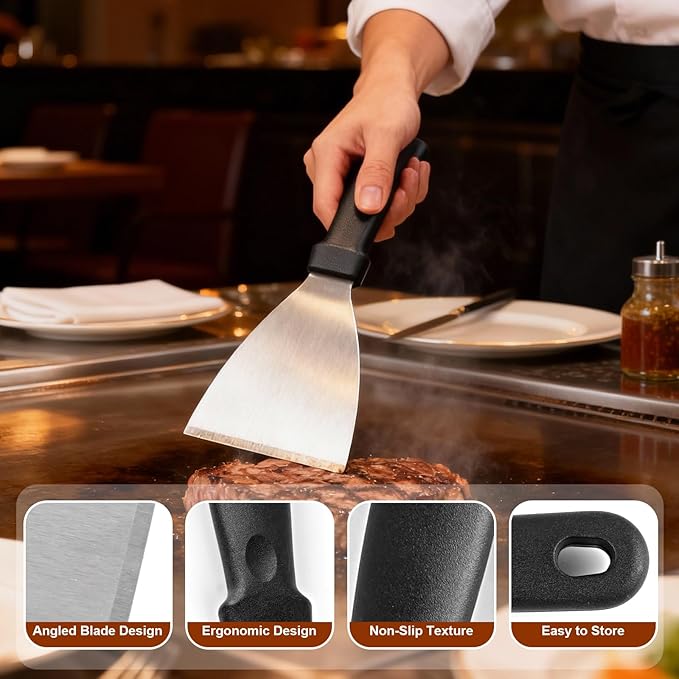 Griddle Scraper，Stainless Steel Grill Scraper,Slant Edge Metal Spatula for Teppanyaki Flat Top BBQ,Grill Cooking,Frying Steak Pork Chop Chicken Chop,Dishwasher Safe