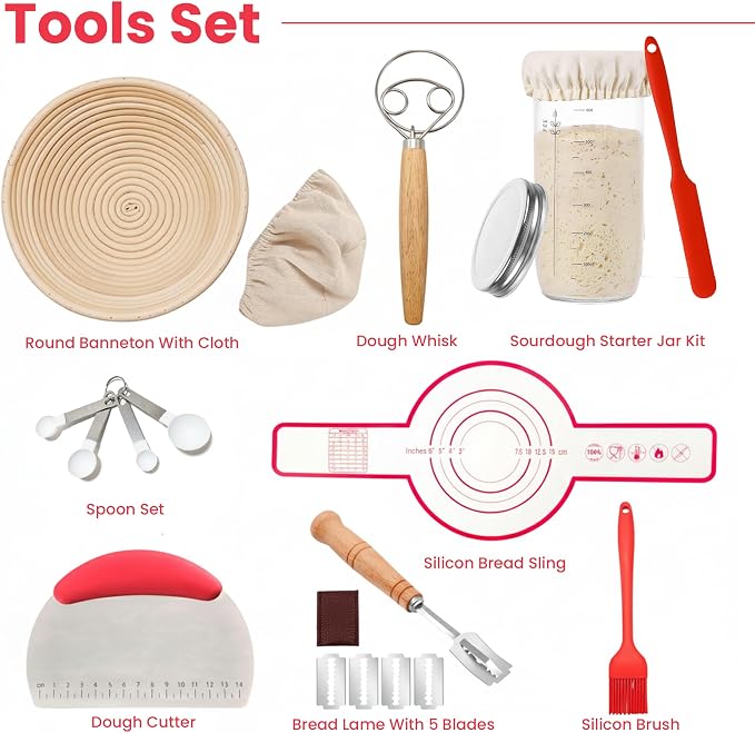 Complete Sourdough Starter Kit, Round Bread Proofing Basket Set, Premium Sourdough Bread Baking Supplies with 9 Inch Natural Rattan Banneton Basket, Liner & Bread Lame