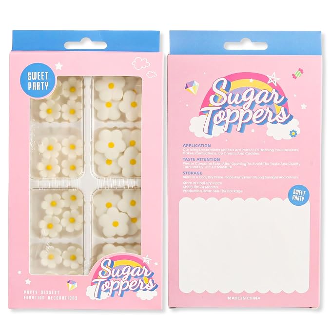 Royal Icing Flowers 32 Count Edible Mini White Blossoms Roses Daisy Sugar Flowers Cake Decorations for Baking Cupcakes Ice Cream Cookies Spring Waffles Cookies Wedding Birthday Cake Party