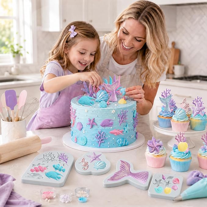MEMOVAN Mermaid Theme Cake Fondant Mold 4PCS Marine Silicone Mold | Seahorse Seashell Star Fish Mermaid Tail Cupcake Mold for Chocolate Candy Cake Decoration Polymer Clay Gum Paste Craft