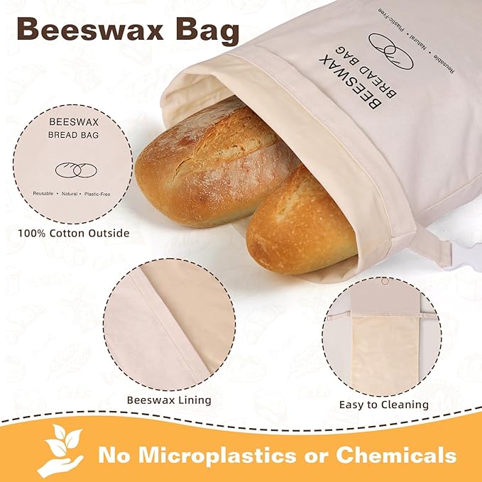 Beeswax Bread Bag for Sourdough, Reusable Beewax Bread Bags,2 Pack XL Organic Cotton Sourdough Bread Bags for Homemade, Keep Bread Fresh, Freezing Safe with Cleaning Brush-Care | Beeswax Bread Bag