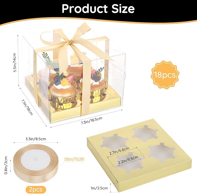 EUSOAR Cupcake Containers, 18 Pack Gold Bakery Mini Cake Take out Boxes 4 Count with Gift Ribbon, Assembly Plastic Dessert Pastry Holder Disposable Cookies Wrappers for Birthday Wedding Party Favors