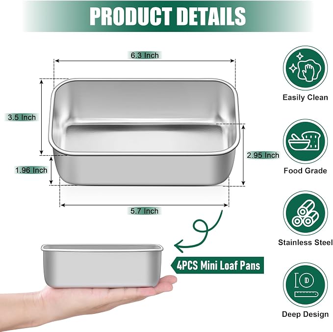 P&P CHEF Stainless Steel Mini Bread Loaf Pans, 4 PCS, Lasting & Rust-free | 6.3 x 3.5 Inch, Small Size for Air Fryer & Oven, Ideal for Bread, Meatloaf, Cake and Brownies, Food Grade, Dishwasher Safe