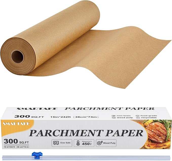 SMARTAKE Parchment Paper Roll for Baking, 15 in x 242 ft, 300 sq.ft, Non-Stick Baking Paper Sheets with Slide Cutter, Heavy Duty Extra Long, for Kitchen Baking Cooking Grilling Steaming, Unbleached