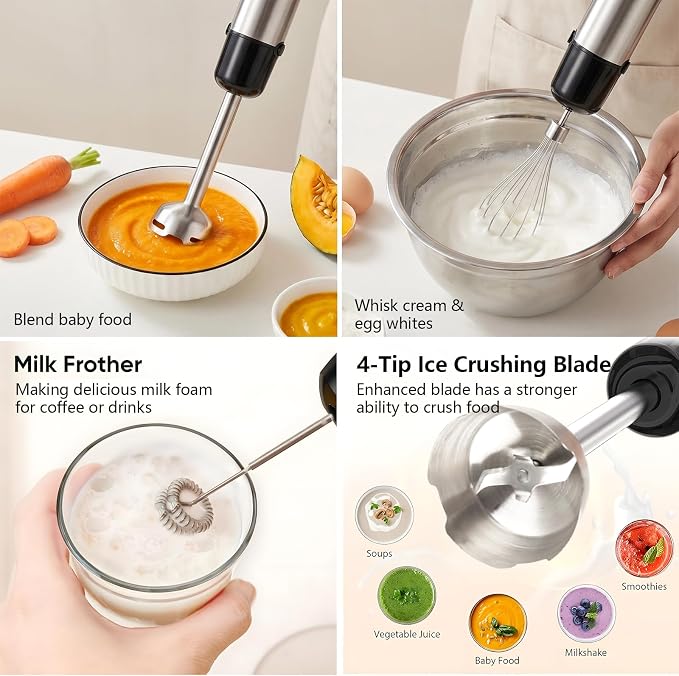 Immersion Blender Handheld,1000W hand blender stainless steel,Stick Blender,2-speed wired mixer, Includes Whisk, Frother, for Kitchen, Baby Food Blender,smoothies
