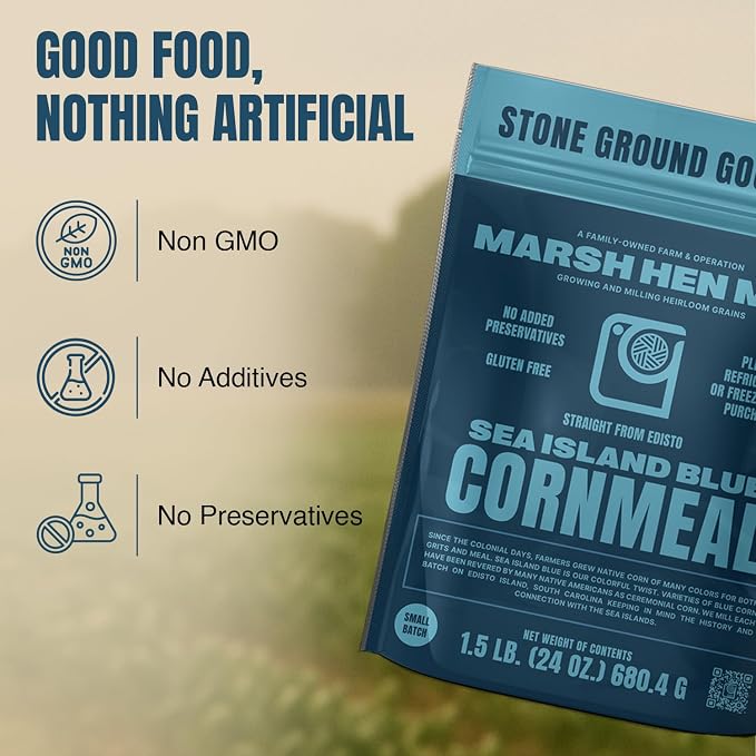 Marsh Hen Mill Sea Island Blue Cornmeal | Corn with Floral Aroma | Perfect Stone Ground Cornmeal for Corn Bread | Traditional Blue Corn Flour | 100% Natural & Gluten Free, 24 oz (Pack of 1)