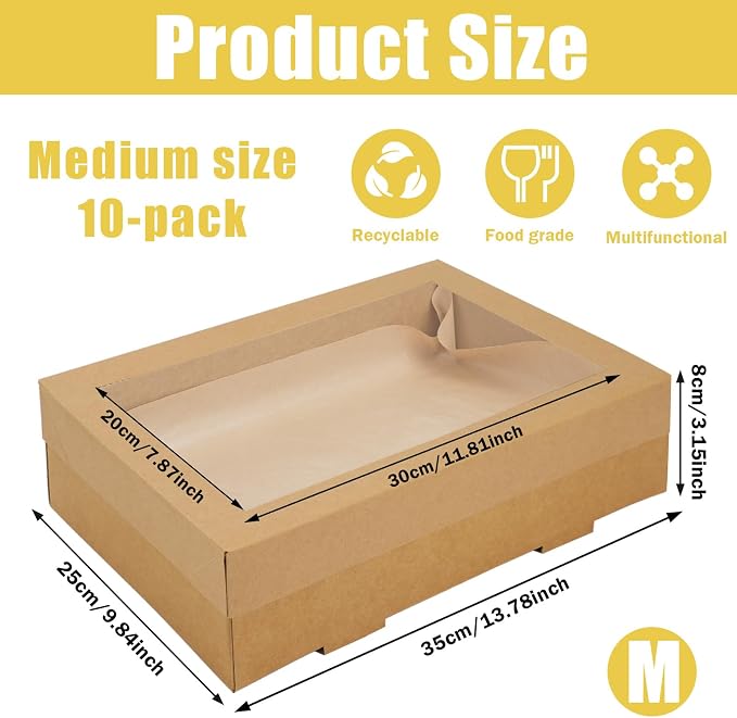 10 Pack Bakery Boxes with Window, 13.78x9.84x3.15 Inch Cookie Boxes, Large Cardboard Pastry Boxes, Take out Containers for Baking Pies, Cakes, Muffins and Pastries (M)