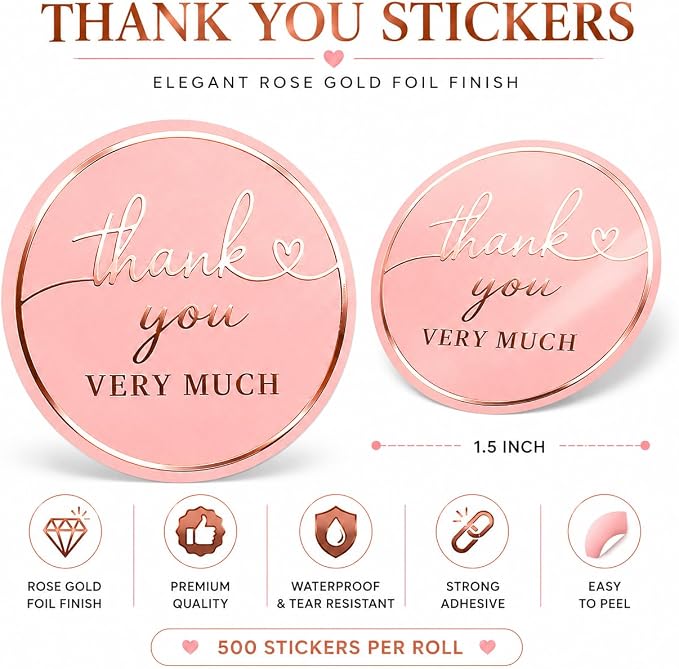 Thank You Stickers for Small Business – 500 Blush Pink Round Stickers with Rose Gold Foil, 1.5 Inch Waterproof Adhesive Labels for Packaging, Gifts & Envelopes