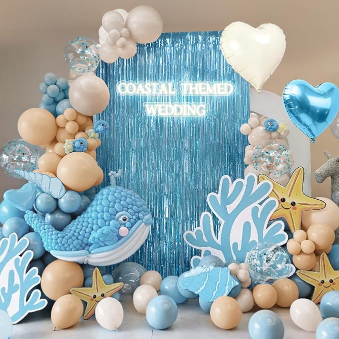 157Pcs Light Blue Cream Sand White Balloons with Pastel Blue Fringe Curtain for Baby Shower Gender Reveal Wedding Teddy Bear Birthday Party Decorations