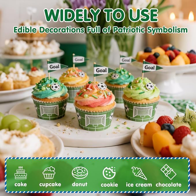 Edible Soccer Sprinkles for Cake Decorating,Food Grade 130g,Baking Sprinkle Mix for Sports & Football Theme Party,Green Gold White Pearls and Jimmies with Soccer Wafer Paper Toppers,for Cupcakes,Ice Cream,Cookies,Donut,Cake Decorations,Match Viewing Ev...