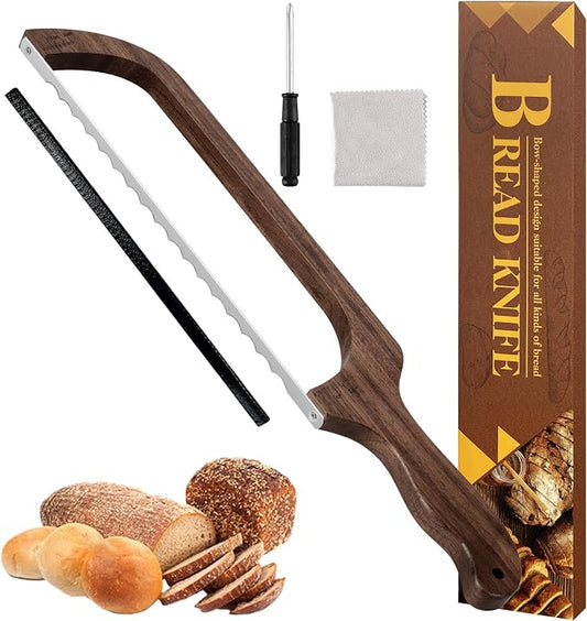 Bread Knife for Homemade Bread, Sourdough Bread Slicer & Bread Cutter with Measuring Scale, 15.7" Serrated Blade for Even Slices, Walnut Bow Knife with Cover & Scoring Tool, Gift for Bakers