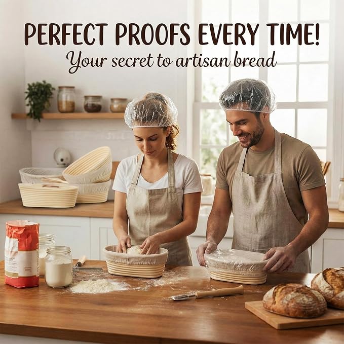 LemonRoad 2 Pcs Bread Proofing Baskets with Shower Caps Set 10 Inch Oval Banneton Basket Sourdough Proofing Basket with Cloth Liners &1000 Pcs Shower Caps for Sourdough Bread Making Fermentation