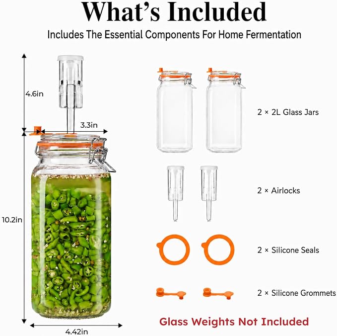 2L Fermentation Jar, Wide Mouth Glass Fermenting Kit wit Airlocks, 2-Pack | Fermentation Glass Jars With Self-Burping Airlocks for Sauerkraut, Kimchi, Pickles, Mead, Cider and Other Homemade Ferments