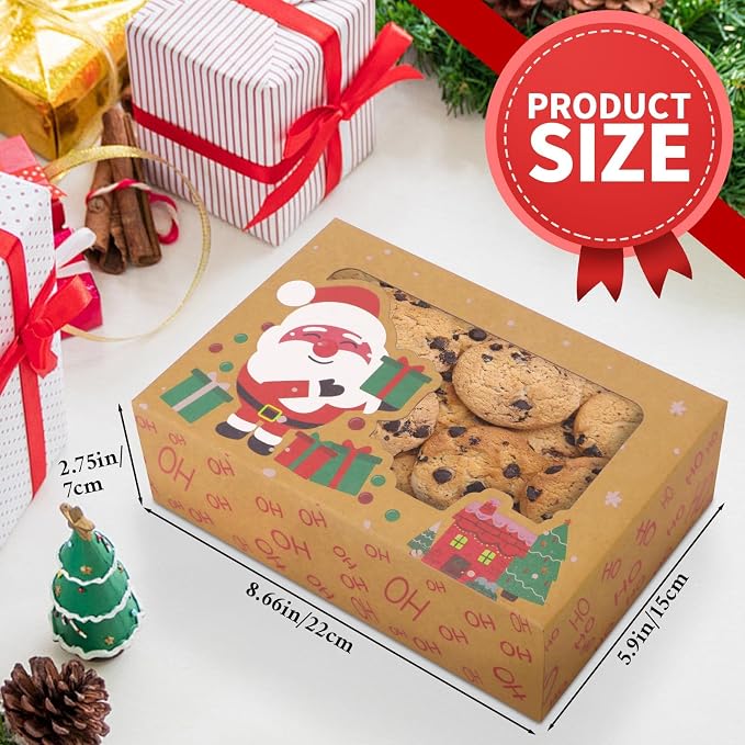 24 Pack Christmas Cookie Boxes with Window, Large Holiday Food Bakery Treat Boxes for Gift Giving, Pastry, Candy, Party Favors, Christmas Kraft Gift Boxes with Ribbons and DIY Gift Tags