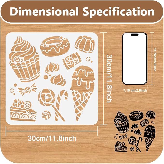 1 Piece Candy and Cake Craft Art Stencil, 11.8"x11.8" Dessert and Ice Cream Plastic Reusable Stencil for Wood Burning, Paint Template for Painting on Wall, Wood, Fabric Canvas, Furniture