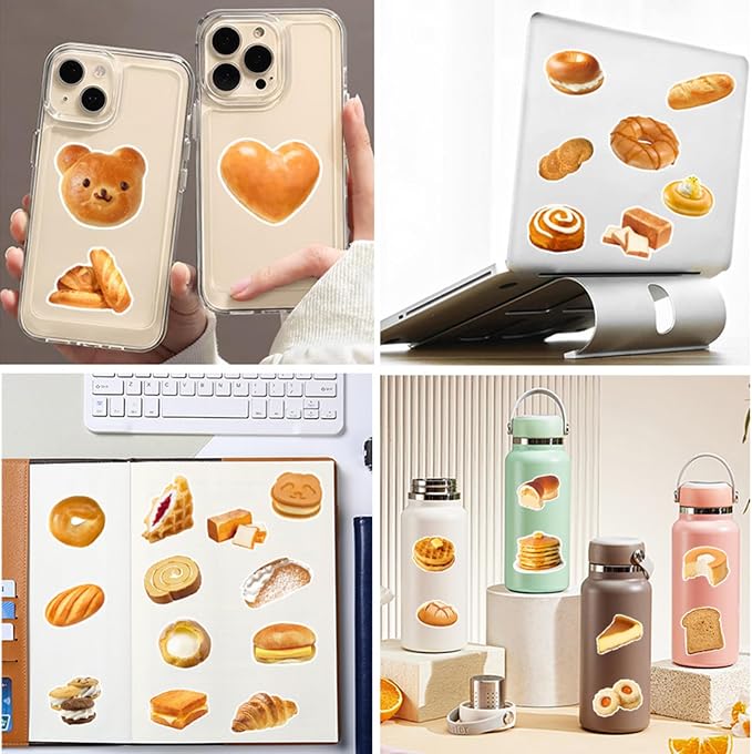 50pcs Cute Bread Stickers Food Stickers, Waterproof Scrapbook Aesthetic Sticker for Water Bottles Computer Laptop Scrapbook Daily Planner Junk Bullet Journaling Decorative Supplies