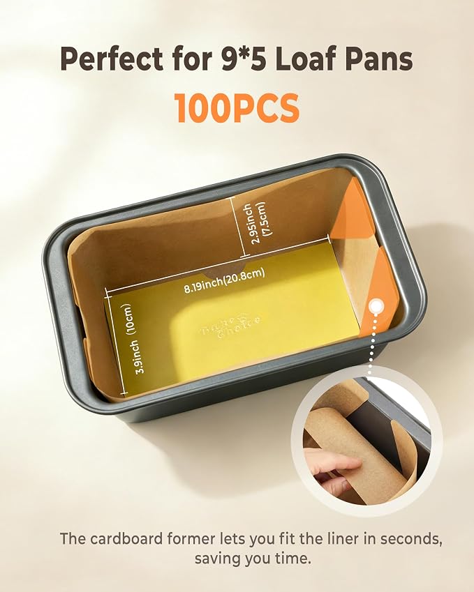Bake Choice 100 Pcs Loaf Pan Liners for Baking Bread 9x5 Inch, Bread Pan Liners with Cardboard Formers, Non-Stick Pre Cut Unbleached Parchment Paper for Loaf Pan