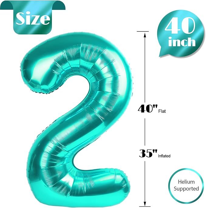 Teal Blue 2 Balloon, Number Balloons 40 Inch, 2nd Balloon Number Birthday Decorations, Second Two Birthday Party Supplies, Number 2 Balloon