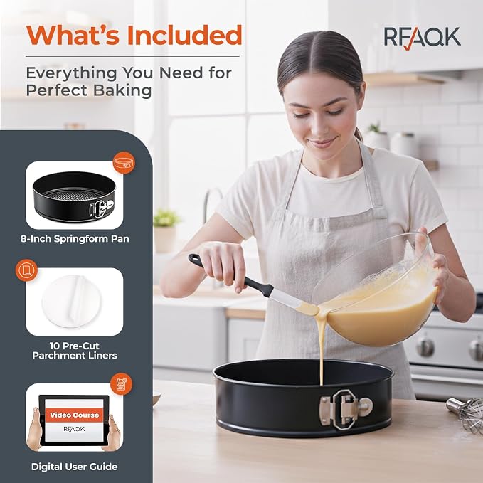 RFAQK 8 Inch Springform Pan Nonstick Leakproof - Spring Form Pan for Cheesecake with Removable Bottom, Include 50pcs Parchment Paper, Recipe E-Book - Perfect for Baking Cheese Cakes, Pizzas, & More!