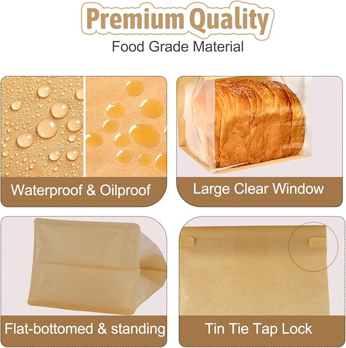 Bakery-Grade Bread & Cookie Bags, 2-Size 25PCS Luxury Brown Paper Bags with Clear Window & Reusable Tin Tie, Odor-Free Safe for Sourdough, Homemade Bread, Popcorn, Bake Sales & Snack Storage
