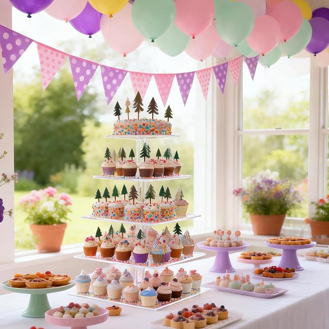 Cupcake Tower Stand, Acrylic 5 Tier Cupcake Display Stand, Cake and Cupcake Stand Combo Set, Bases para Cupcakes, Candy Bar Party Décor Ideal for Birthday Party Wedding
