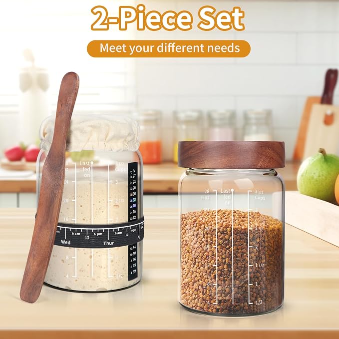 Kmise 2 Pack Sourdough Starter Jar Glass, 34 Oz Wide-mouth Sourdough Starter Jar Kit W/Acacia Spatula, Cholkboard Sign, Thermometer, Feeding Band, cloth cover,Reusable Sourdough Bread Baking Supplies