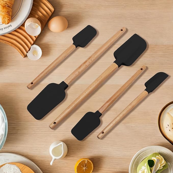 Uenhoy 5 Pack Silicone Spatula Set, Non-stick Wooden Handle Rubber Spatulas for Baking Cooking Frosting, 600°F Heat Resistant, Black