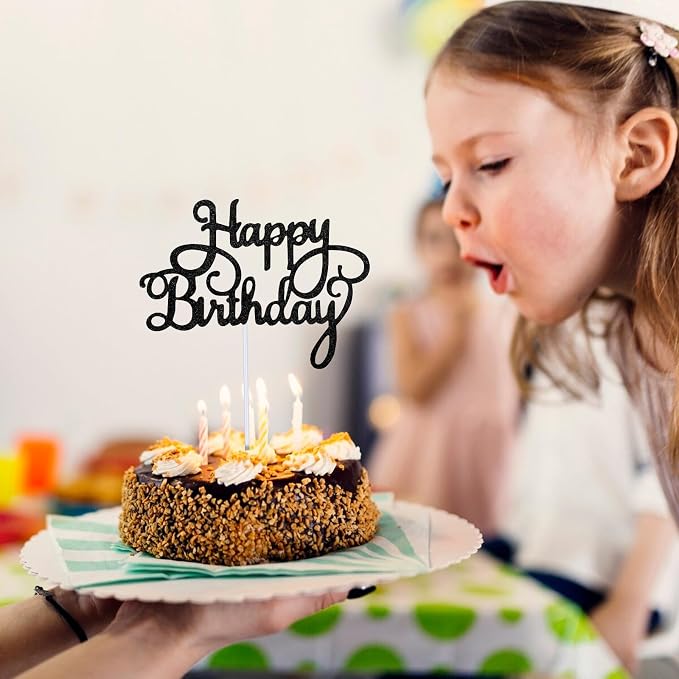 Piriuuo Happy Birthday Cake Topper Glitter 'Happy Birthday' Cake Pick Black