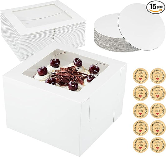 15PCS Cake Boxes with Window,12x12x8 Inch White Bakery Boxes,Cake Board,Sticker&Ribbon,Tall Cake Container for Multi-Layer Cakes,Birthday,Party,Valentine's Day