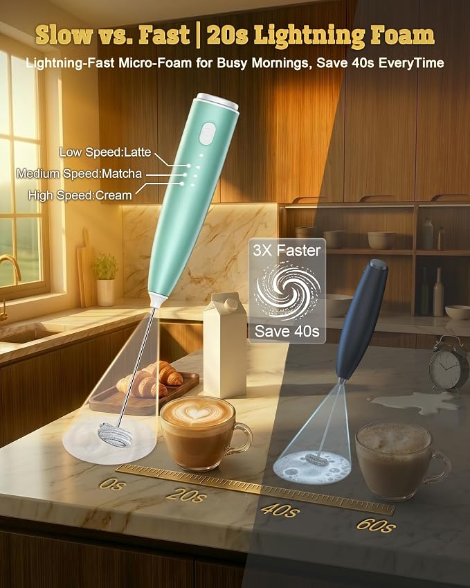 Milk Frother Handheld,Portable Electric Drink Mixer/Wand,Egg Whisk-Green | USB C Rechargeable | 3 Adjustable Speeds | 3 Detachable Whisks | Quiet Operation | For Coffee, Latte, Matcha,protein powder