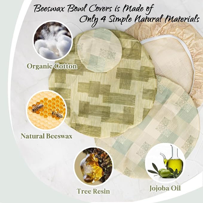 3Pack 10IN Beeswax Bowl Covers with a 4IN Sourdough Jar lid,Reusable Bowl Covers for Bread Proofing,100% Organic Cotton,Elastic Shower Caps for Sourdough Bread,Dough Proofing & Food Storage