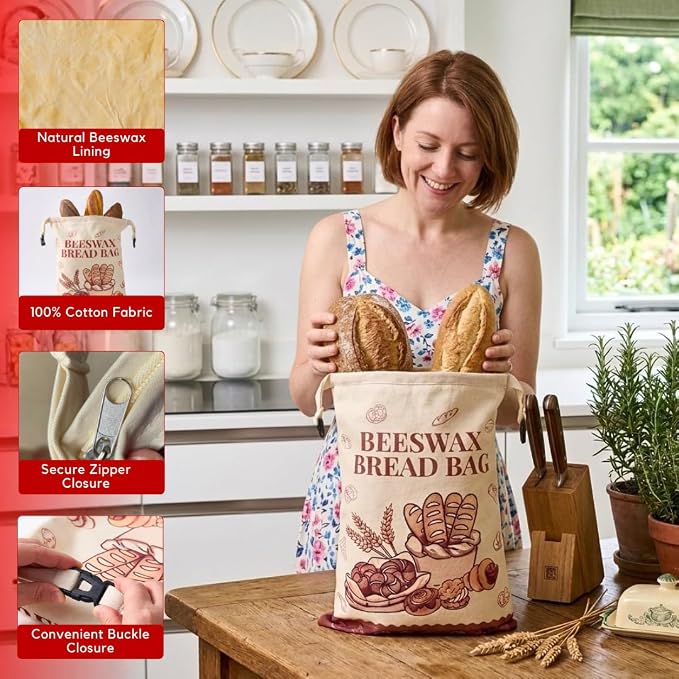 Bread Bags for Homemade Bread - 2 Pack XL Reusable Organic Beeswax Linen Cotton Sourdough Bread Bag, Eco-Friendly Bread Storage Bags with Sealing Zip to Keep Fresh, Perfect for Artisan & Bakery Bread