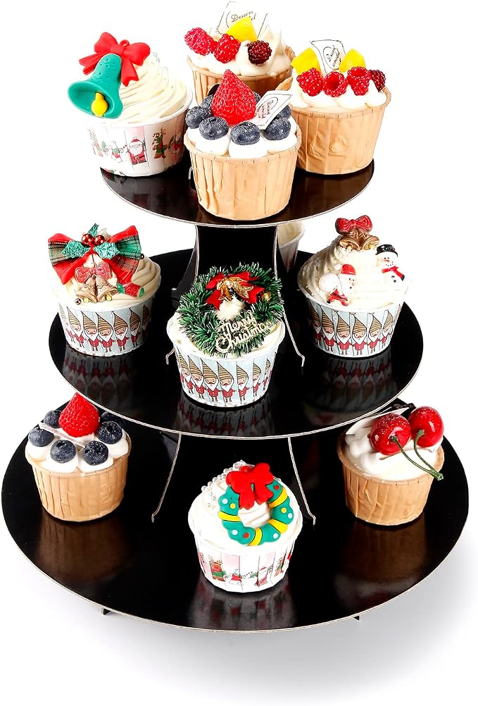 YLDW Cupcake Stand, 3-Tier Cupcake Stand Display, Cardboard Cup Cake Tower Stand, Disposable Dessert Stand for Birthday Tea Party Baby Shower Treat Decorations, Black