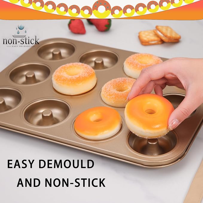 Non-Stick 12-Cavity Donut Pan for Baking, Doughnut Roasting Pan, 2-Count