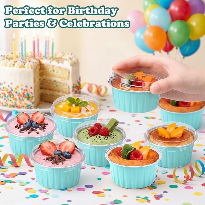 Gejoy 400 Pcs Aluminum Foil Baking Cups with Lids 5 oz Disposable Ramekins Mini Cake Pans Creme Brulee Cupcake Liners Muffin Dessert Container for Wedding Birthday Party (Elegant,Blue Color)