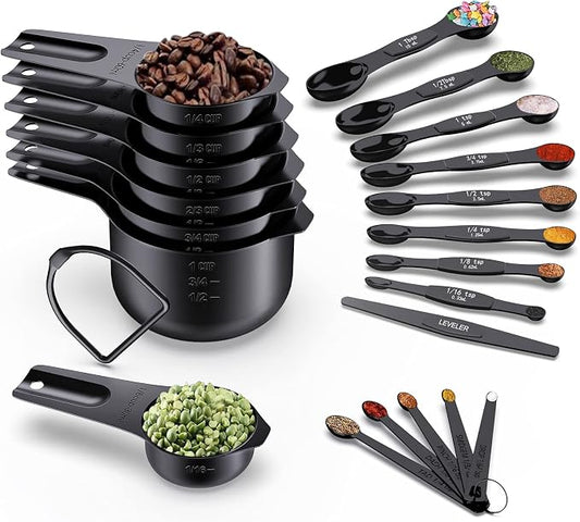 Wildone 21 Piece Black Measuring Cups & Spoons, Includes 7 Stainless Steel Measuring Cups, 8 Double Sided Measuring Spoons, 1 Leveler & 5 Mini Spoons